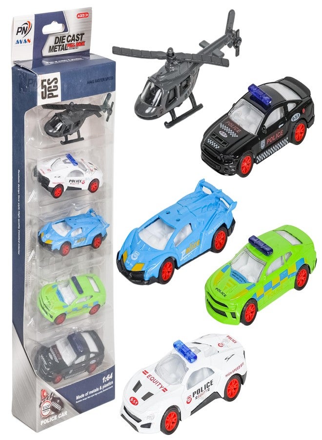 PN AVAN Die Cast Metal Pull Back Toy Vehicles Set, 1:64 Scale, 5 Pieces, Engineering Construction Vehicles Collection (Police Car Helicopter) - Image 1