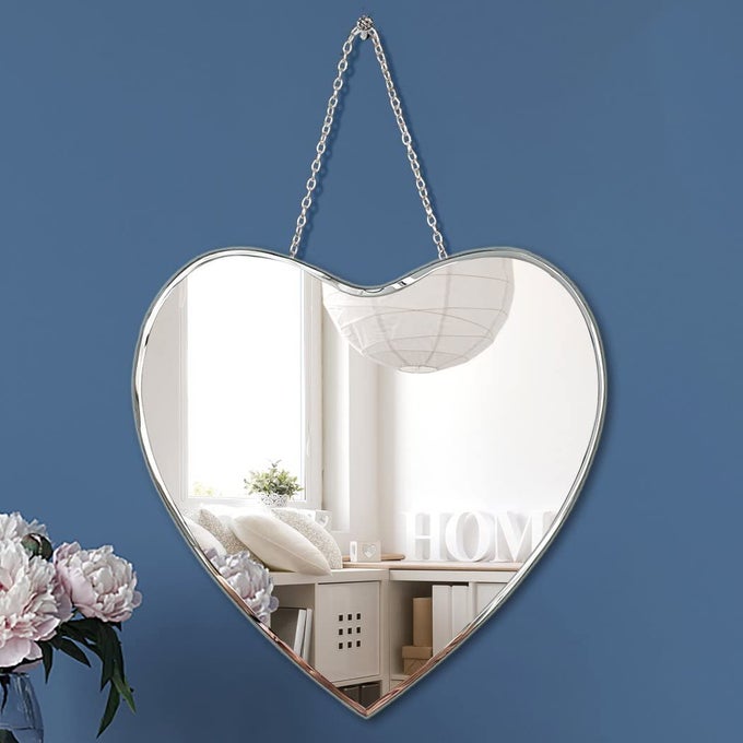 HEART SHAPED MIRROR WITH IRON CHAIN FOR WALL DECOR 12X12 INCH WALL HANG REAL GLASS FRAMELESS DECORATIVE GLAM MIRROR