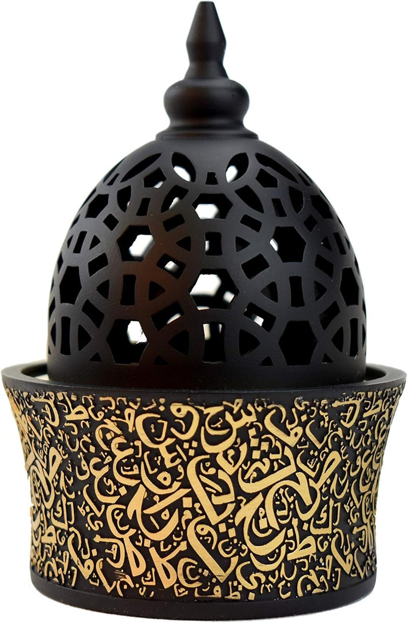 INTENSE OUD Calligraphy Style Closed Incense Burner (Mabkhara) Metal Tray Inside 8in Tall - Black - Image 1