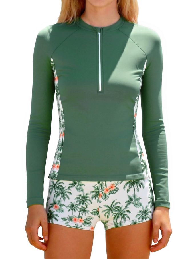TUONROAD Teen Girls Swimsuit Size 14-16 Green Hawaii Long Sleeve Half-Zip Swim Rash Guard Bathing Suits For Girls 2Pc Upf 50+ Padded Swimwear Sets With Cover Shorts - Image 1