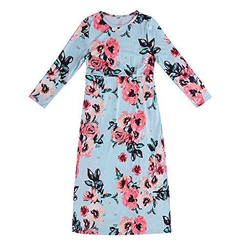 YIJODM Girls Maxi Dress, Floral Print, 3/4 Sleeve, High Waist, Scoop Neck, Backless, Casual, Spring/Fall, Ages 5-12 - Image 2
