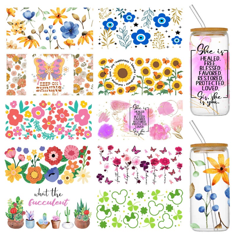 Coowayze UV DTF Cup Wraps for 16 oz Glass Cups 10 Sheets Cup Wrap Transfer Stickers Cup Transfer Wraps Rub on Transfers for Crafts Furniture Flower Decals Cup Vinyl Wrap Bulk for Tumblers Libbey Cups Wood - Image 3