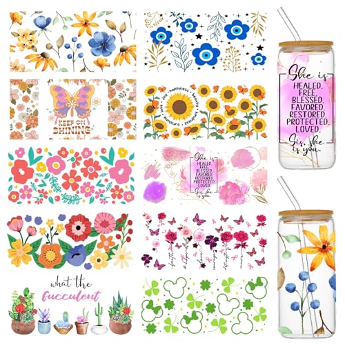 Coowayze UV DTF Cup Wraps for 16 oz Glass Cups 10 Sheets Cup Wrap Transfer Stickers Cup Transfer Wraps Rub on Transfers for Crafts Furniture Flower Decals Cup Vinyl Wrap Bulk for Tumblers Libbey Cups Wood - Image 1
