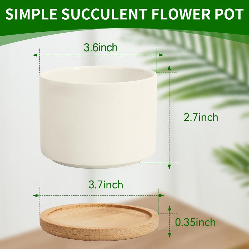 ZOUTOG Ceramic Succulent Pots,3.6 Inch Plant Pots,Succulent Planters with Drainage Hole & Bamboo Tray for Indoor Plants,White Small Flower Planters for Home,Office,Desk(6 Pack) - Image 2