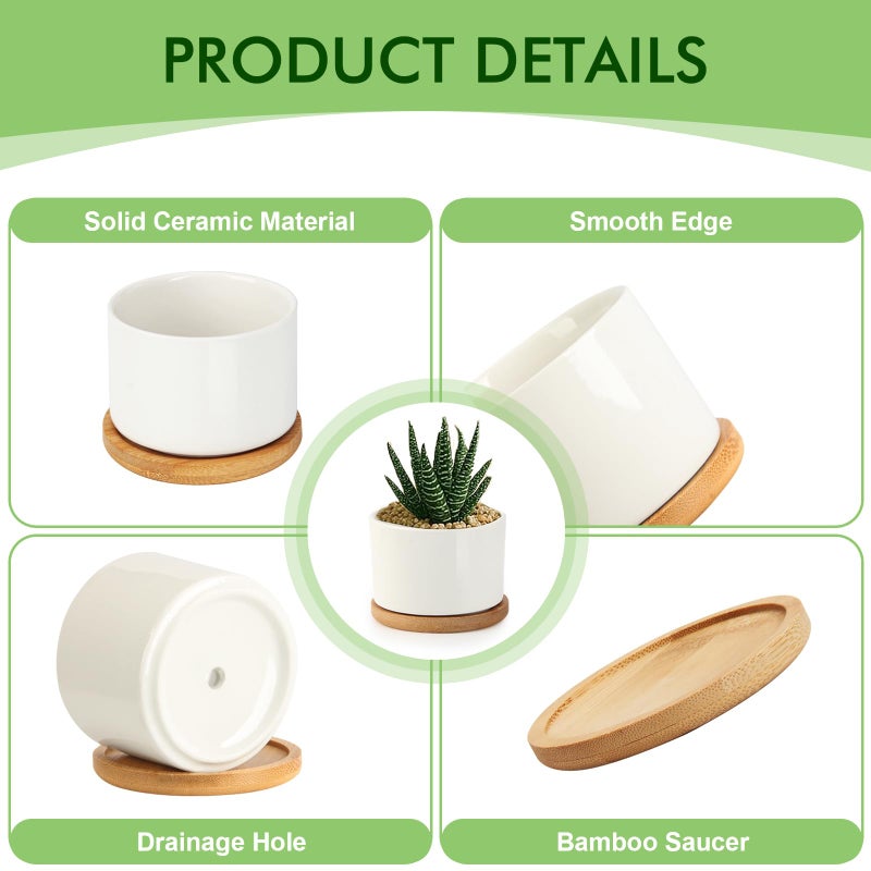 ZOUTOG Ceramic Succulent Pots,3.6 Inch Plant Pots,Succulent Planters with Drainage Hole & Bamboo Tray for Indoor Plants,White Small Flower Planters for Home,Office,Desk(6 Pack) - Image 3