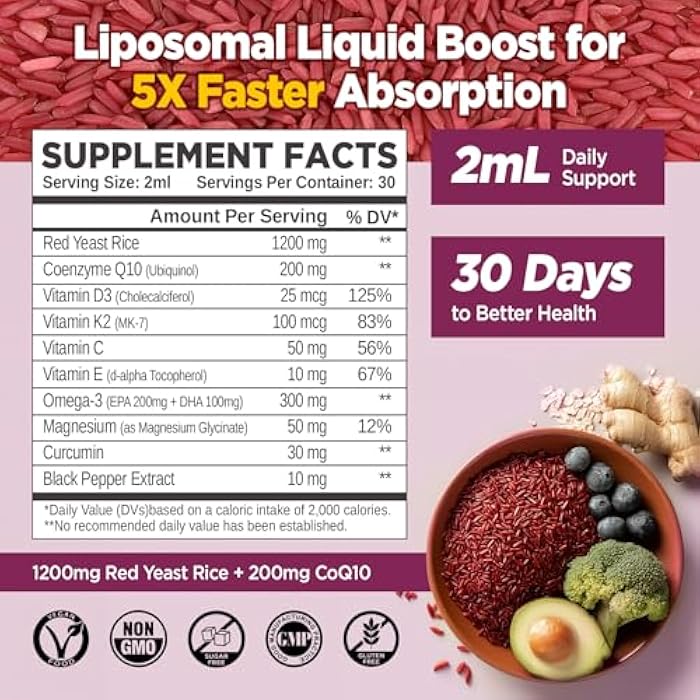 Hollegend Liposomal Red Yeast Rice with CoQ10 Liquid Drops, Organic Red Rice Yeast Extract with Citrus Bergamot,Omega-3,Magnesium Glycinate, Vitamin D3 K2,Vegan,Natural Blueberry Flavor,2 FL OZ - Image 2