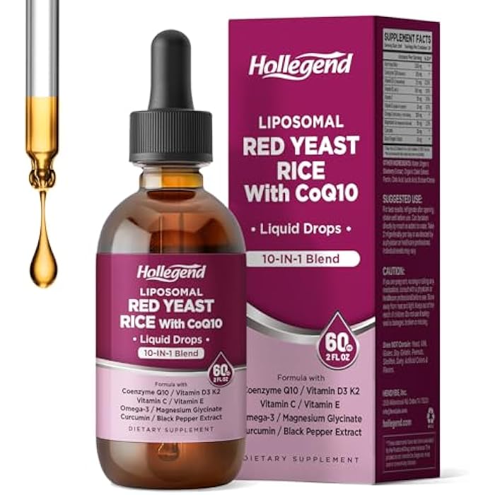 Hollegend Liposomal Red Yeast Rice with CoQ10 Liquid Drops, Organic Red Rice Yeast Extract with Citrus Bergamot,Omega-3,Magnesium Glycinate, Vitamin D3 K2,Vegan,Natural Blueberry Flavor,2 FL OZ - Image 1