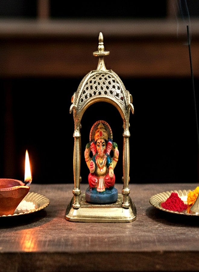 ESPLANADE Brass Mandir Temple for Pooja, 6.7" Small Mandir for Puja Idols, Home Decoration Sculpture, Rustic Décor for Living Room Office Table, Brass Decoration Items for Home and Temple - Image 2