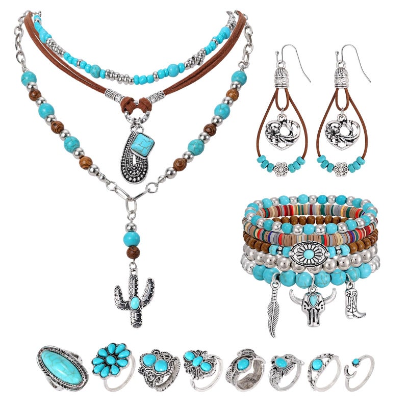 SANSTHS Bohemian Western Jewelry Set Turquoise Necklace Earrings Bracelets Rings Western Accessories for Women Cowgirl Gifts, Boho Turquoise Style - Image 1