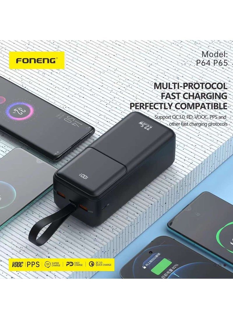 P64 40000mAh Power Bank – 22.5W Fast Charging with 3 Outputs and LCD Digital Display White