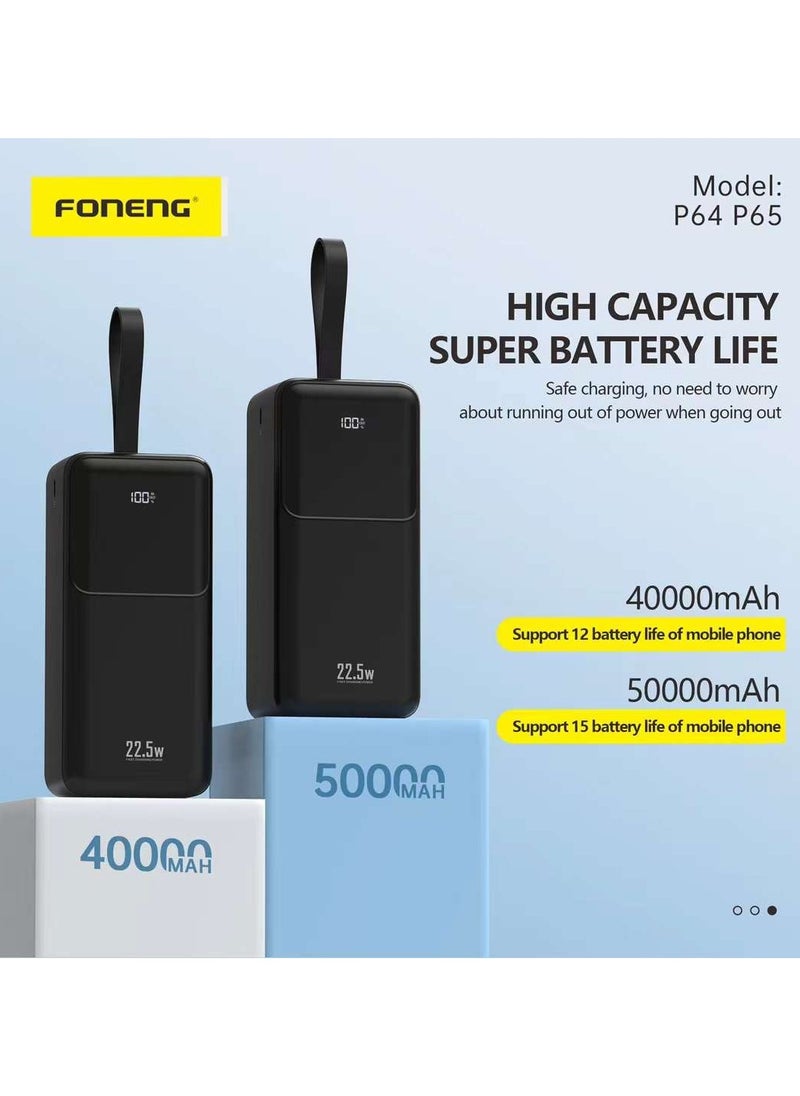 P64 40000mAh Power Bank – 22.5W Fast Charging with 3 Outputs and LCD Digital Display White