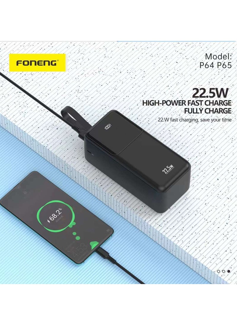P64 40000mAh Power Bank – 22.5W Fast Charging with 3 Outputs and LCD Digital Display White