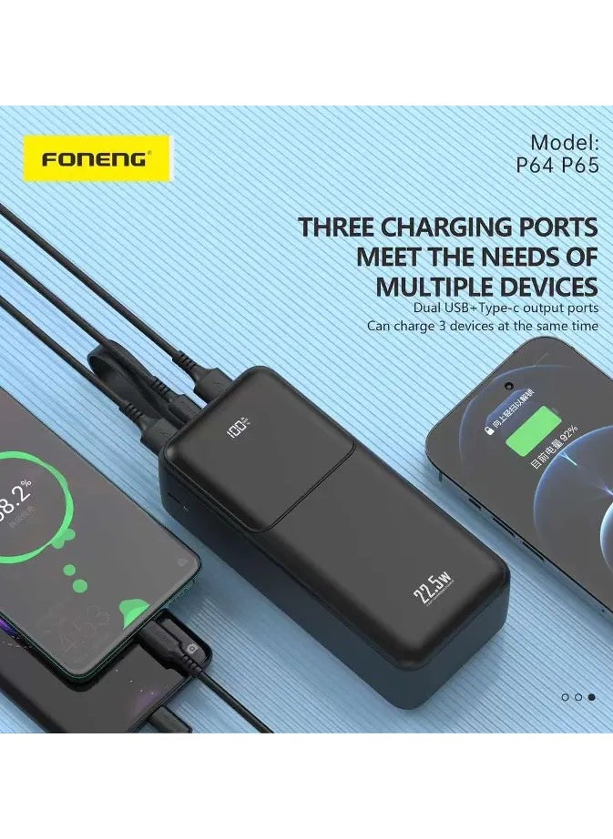 P64 40000mAh Power Bank – 22.5W Fast Charging with 3 Outputs and LCD Digital Display White