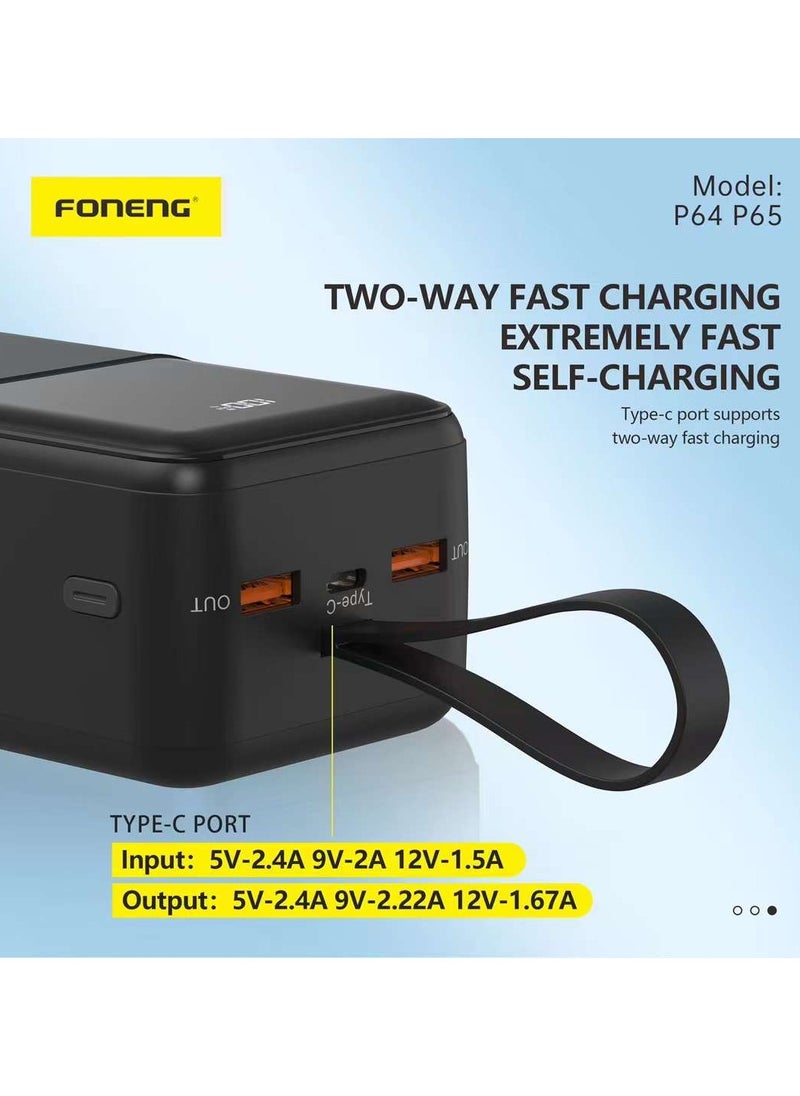 P64 40000mAh Power Bank – 22.5W Fast Charging with 3 Outputs and LCD Digital Display White