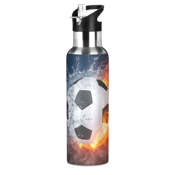 SOCCER WATER BOTTLES FOR BOYS KIDS SOCCER BALL BOTTLE WITH STRAW LID WATER FIRE FOOTBALL INSULATED STAINLESS STEEL WATER FLASK LEAKPROOF BOTTLE FOR GYM OUTDOOR 20 OZ