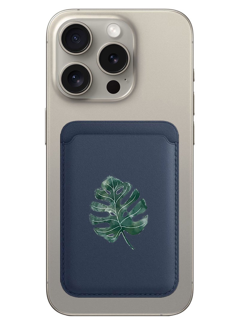 Theodor Magnetic Wallet, Compatible with MagSafe Wallet, for iPhone Wallet, for iPhone 16/15/14/13/12 Series, Not for iPhone 13/12 mini, 3 Card Holder, Vegan Leather, Navy - Monstera Leave - Image 1