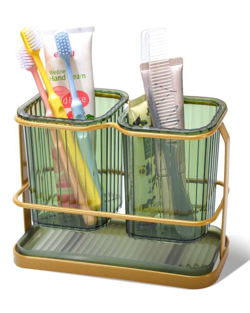 KONE Green Toothbrush Holders for Bathrooms, 2 Cups Toothbrush Holders Wall Mounted, Dry & Wet Separation, Bathroom Organizers and Storage, Bathroom Toothbrush Holder Set for Family Kids - Image 1