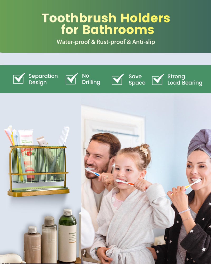 KONE Green Toothbrush Holders for Bathrooms, 2 Cups Toothbrush Holders Wall Mounted, Dry & Wet Separation, Bathroom Organizers and Storage, Bathroom Toothbrush Holder Set for Family Kids - Image 3