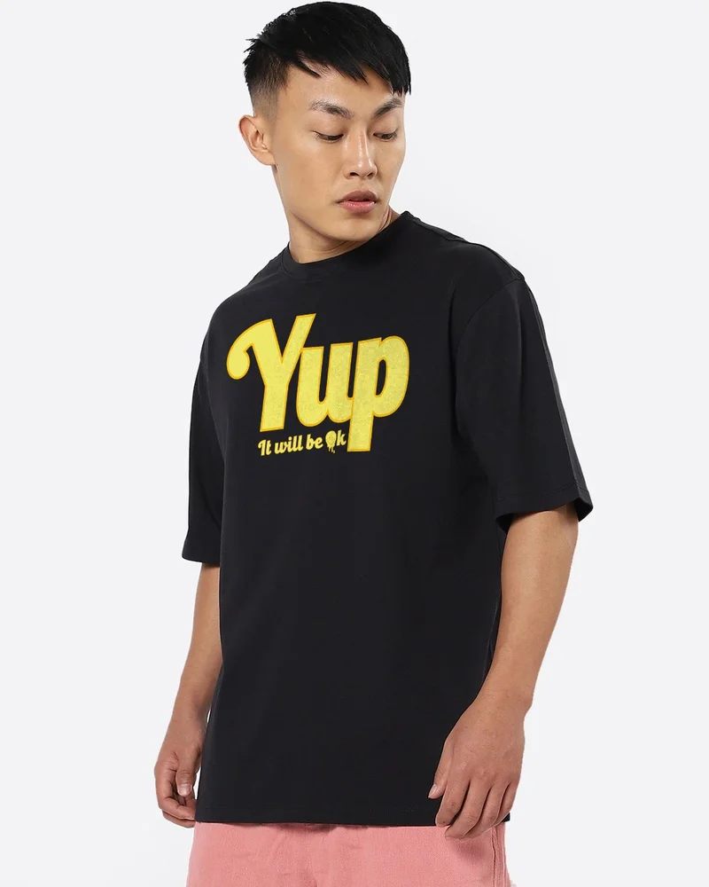 bewakoof Men's Black Yup It Will Be Ok Typography Oversized T-shirt