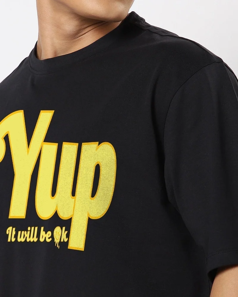 bewakoof Men's Black Yup It Will Be Ok Typography Oversized T-shirt