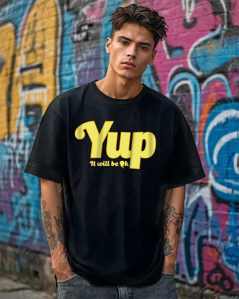 bewakoof Men's Black Yup It Will Be Ok Typography Oversized T-shirt