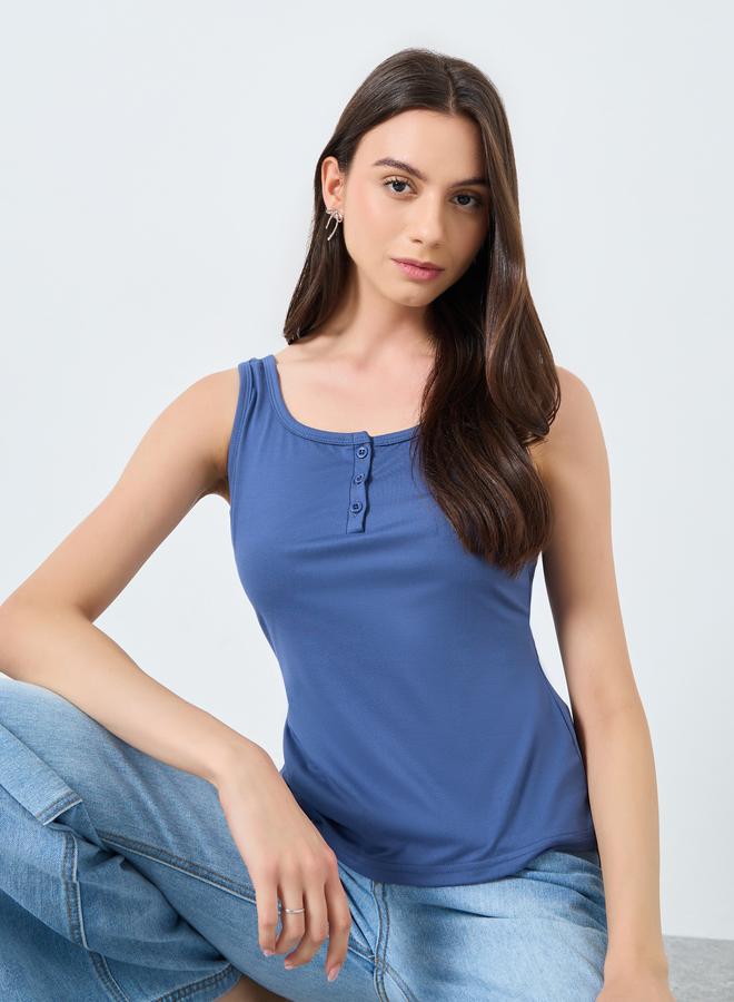 Take Two Navy Blue Sleeveless Buttoned Top - Image 1