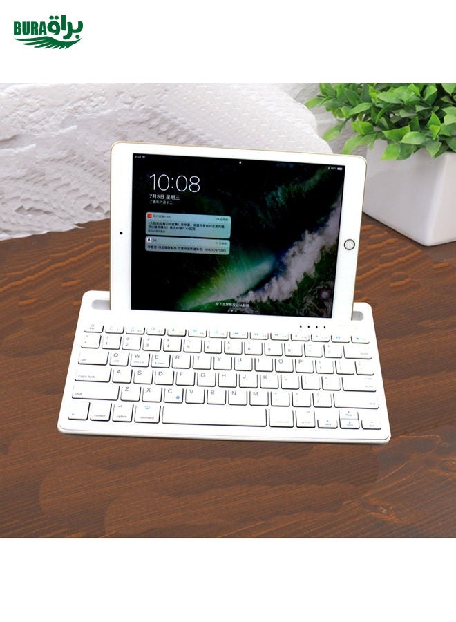 BURAQ B908 Ultra-slim 78 Keys Bluetooth Wireless Keyboard with Concave Mobile Phone Holder (White)  - Image 1