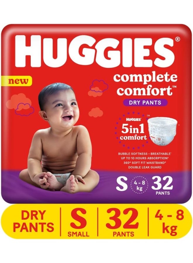 Huggies Complete Comfort Dry Pants Small (S) Size Baby Diaper Pants, 32 count, with 5 in 1 Comfort - Image 1