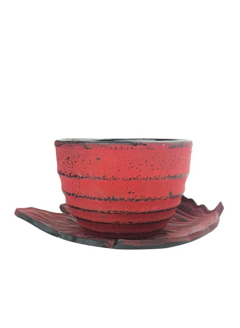 Tealand Durable Enameled  Coated Cast Iron Tea Cup & Leaf Saucer For Homes or Restaurants 0.1L Red - Image 1
