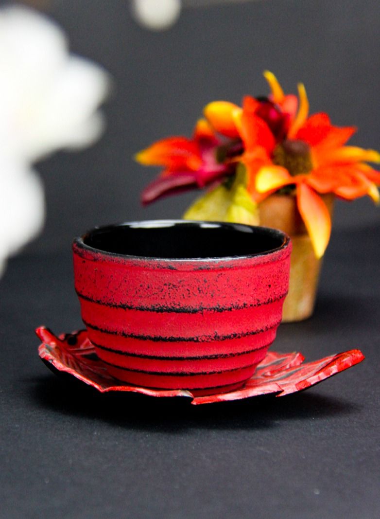 Tealand Durable Enameled  Coated Cast Iron Tea Cup & Leaf Saucer For Homes or Restaurants 0.1L Red - Image 3