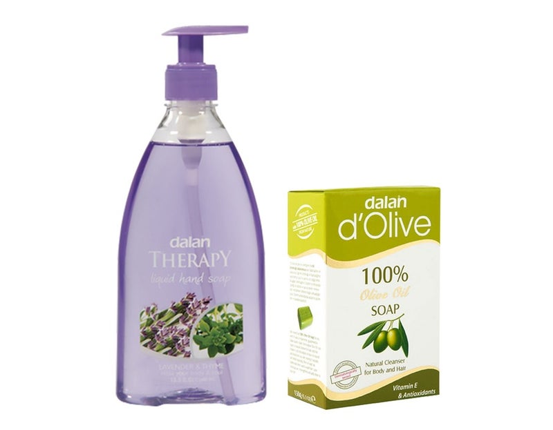 Dalan Combo Pack of LAVENDER  THYME 400 ml Exotic International Fragrances in HandwashLiquid Soap  Dalan dOlive 100 Pure Olive Oil Soap 150 gm