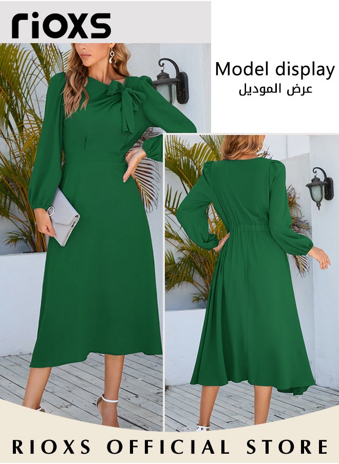 RIOXS - Women's Elegant Bow Tie Mid-long Dress Crew Neck Long Puff Sleeves Tight Cuffs Ruffle A-shape Loose Hem Dress - Image 1