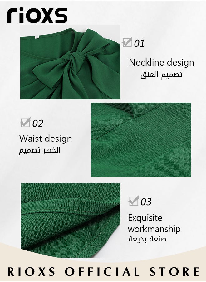 RIOXS - Women's Elegant Bow Tie Mid-long Dress Crew Neck Long Puff Sleeves Tight Cuffs Ruffle A-shape Loose Hem Dress - Image 1
