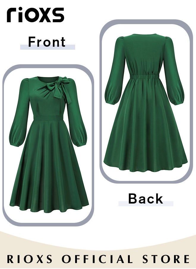 RIOXS - Women's Elegant Bow Tie Mid-long Dress Crew Neck Long Puff Sleeves Tight Cuffs Ruffle A-shape Loose Hem Dress - Image 1