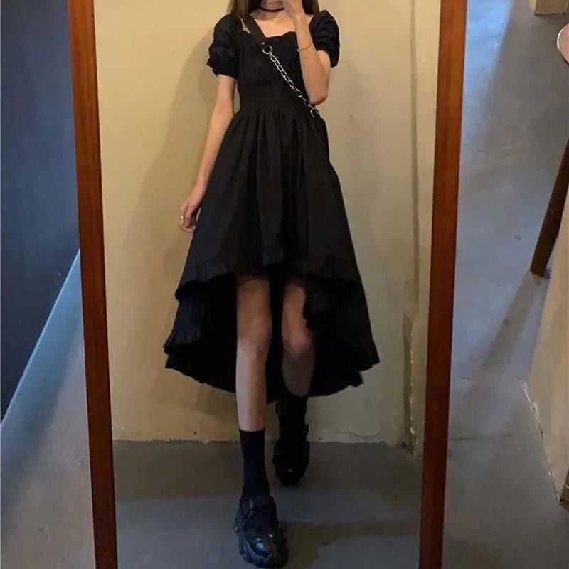 Zz Niche A- Line Skirt Front Short Back Long Skirt Black Dress Women Summer French Retro Slimming Elegant Black - Image 2