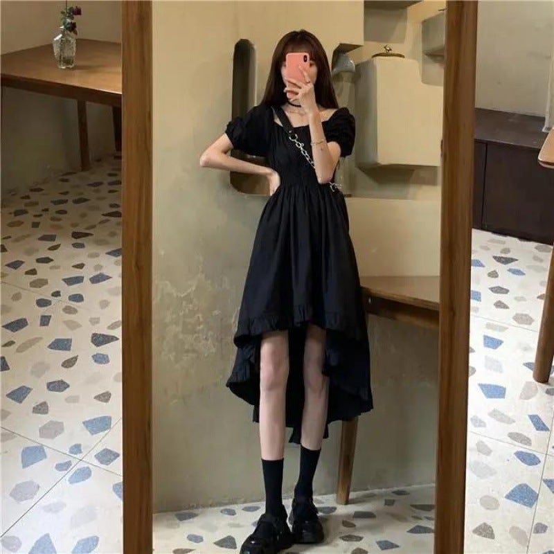 Zz Niche A- Line Skirt Front Short Back Long Skirt Black Dress Women Summer French Retro Slimming Elegant Black - Image 3