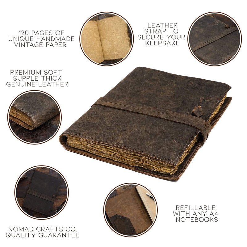 NomadCraftsCo. Refillable Vintage Leather Journal - Book of Shadows Journal, Vintage Journal, Writing Journal, Handmade Antique Deckle Edge Paper, Vintage Leather Journal (8.3" x 5.8" - A5, Vintage Brown) - Image 3