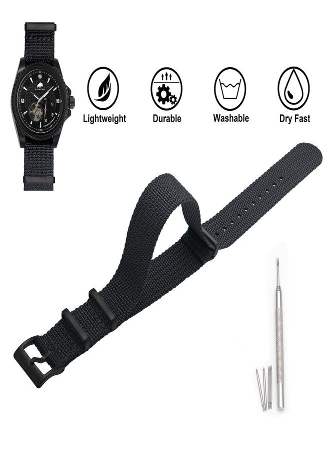 BISONSTRAP Nylon Watch Strap for Men, One Piece Military Strap, 20 mm, Black (Black Buckle) - Image 3