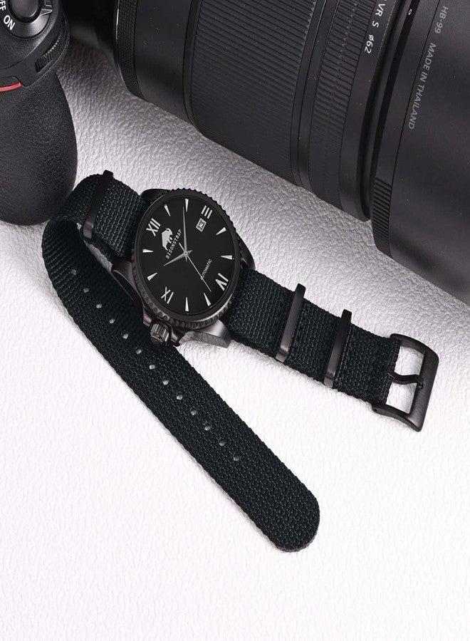 BISONSTRAP Nylon Watch Strap for Men, One Piece Military Strap, 20 mm, Black (Black Buckle) - Image 2