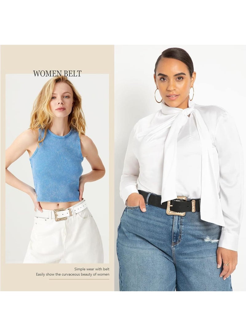 SOLARAE 2 pcs Leather Western Belts for Women, Ladies Vintage Design, Leather Waist Plus Size Belt for Pants Dresses (Black, White) - Image 3