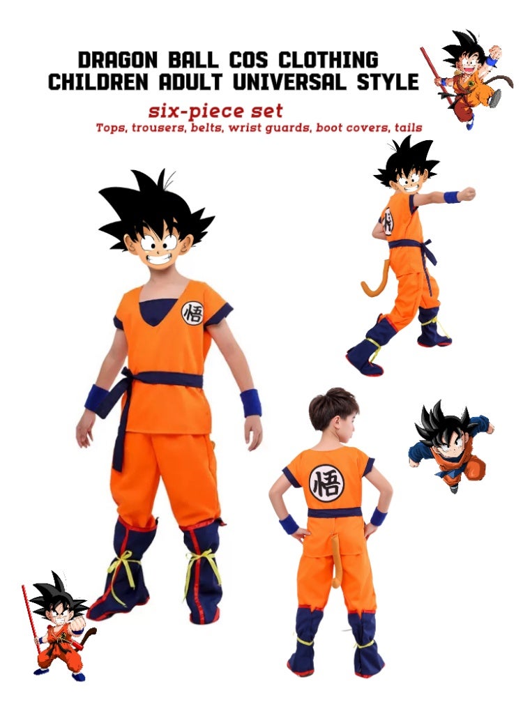 Dragon Ball Super Saiyan Goku Cosplay Costume - Kid & Adult Universal 6-Piece Set for Halloween Performances   (Includes Top/Pants/Belt/Wrist Guards/Boot Covers/Tail | Sizes 160) - Image 1