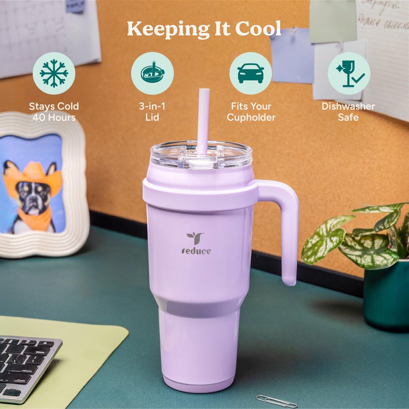 REDUCE 40 oz Stainless Steel Tumbler with Handle - Dual-Wall Vacuum Insulated Travel Mug, Sweat-Proof Lid & Reusable Straw - Keeps Drinks Cold for 24 Hrs, Fits Cupholders, Dishwasher Safe - Lilac Bud - Image 3