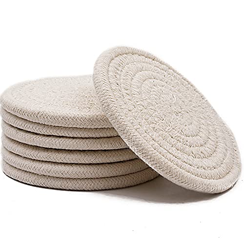 Absorbent Drink Coasters Handmade Braided Drink Coasters 6 Pack 43 Inch Round 8mm Thick Super Absorbent HeatResistant Coasters for Drinks Great Housewarming Gift Beige 6 Pack
