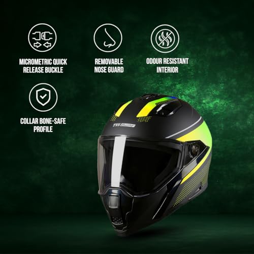 TVS Racing Anti Matter FullFace Helmet for Bike & Motorcycle Riders-DOT & ISI Certified-Lightweight ABS Shell, UV Resistant-Ventilated Comfort Liner,Quick-Release Visor &Chin Strap(Matt Black Green/L) - Image 2