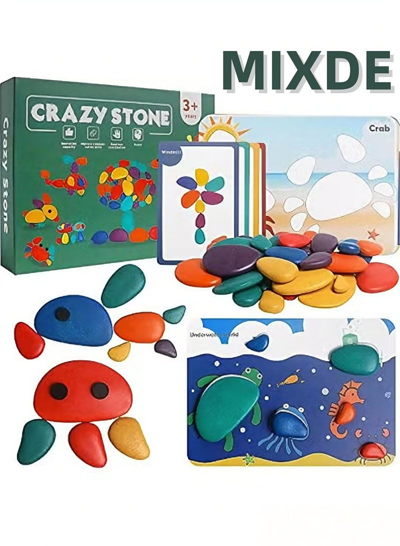 MIXDE 36Pcs Wooden Sorting Stacking Rocks Toys Colorful Balance Stones Game Montessori Jigsaw Puzzle with 30Pcs Cards Pebbles Building Blocks Set for Preschool Learning Gift for Kids Toddlers 3+ Year - Image 1