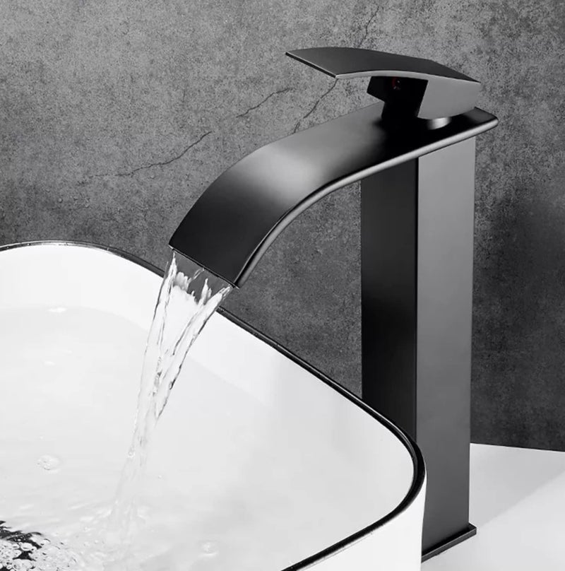 24x7 eMall Tall Waterfall Black Faucet Waterfall Single Lever Basin Mixer Midnight Waterfall Small Black SS Material 12 Inches Height - Image 1