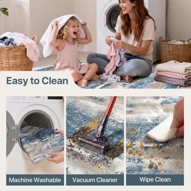 GENIMO Kitchen Rugs Sets of 3 Non Slip Washable Kitchen Mats for Floor, Waterproof Abstract Kitchen Runner Rug, Floor Mat Carpet for Hallway, Laundry, Sink, Entryway, Bathroom, Blue&Gray - Image 3