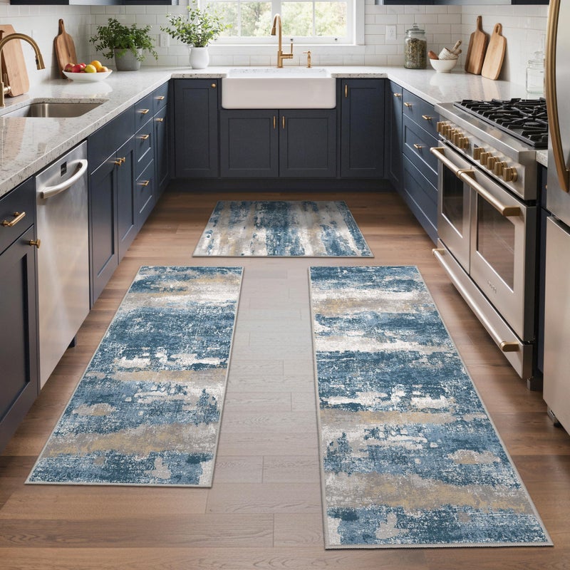 GENIMO Kitchen Rugs Sets of 3 Non Slip Washable Kitchen Mats for Floor, Waterproof Abstract Kitchen Runner Rug, Floor Mat Carpet for Hallway, Laundry, Sink, Entryway, Bathroom, Blue&Gray - Image 1