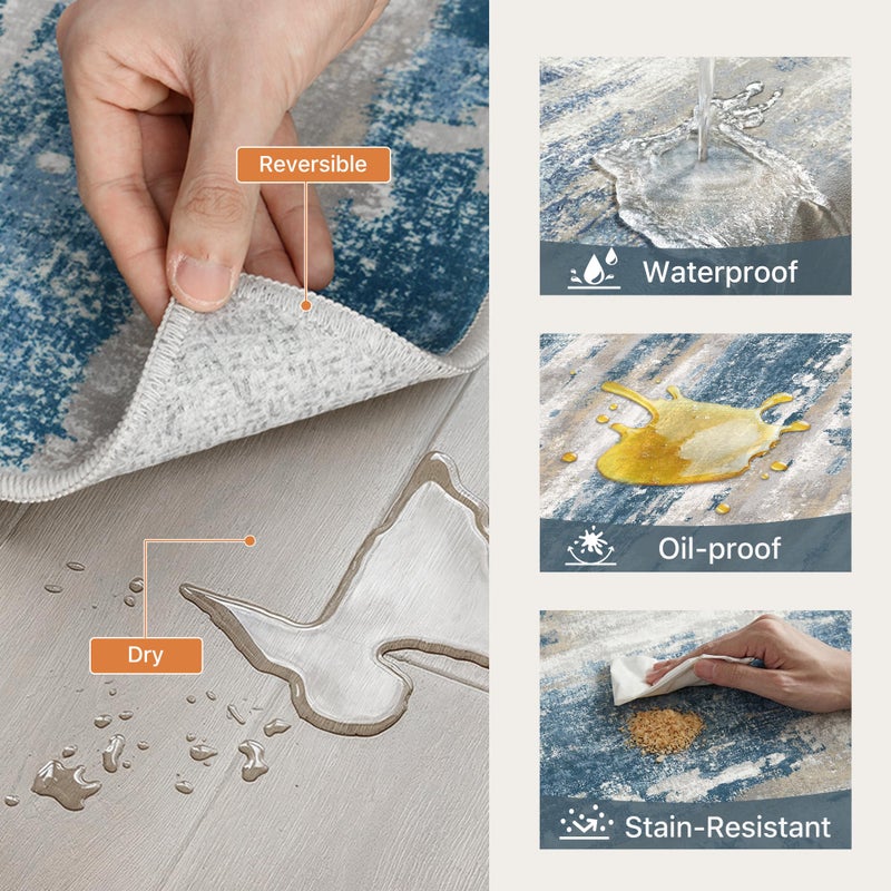 GENIMO Kitchen Rugs Sets of 3 Non Slip Washable Kitchen Mats for Floor, Waterproof Abstract Kitchen Runner Rug, Floor Mat Carpet for Hallway, Laundry, Sink, Entryway, Bathroom, Blue&Gray - Image 4