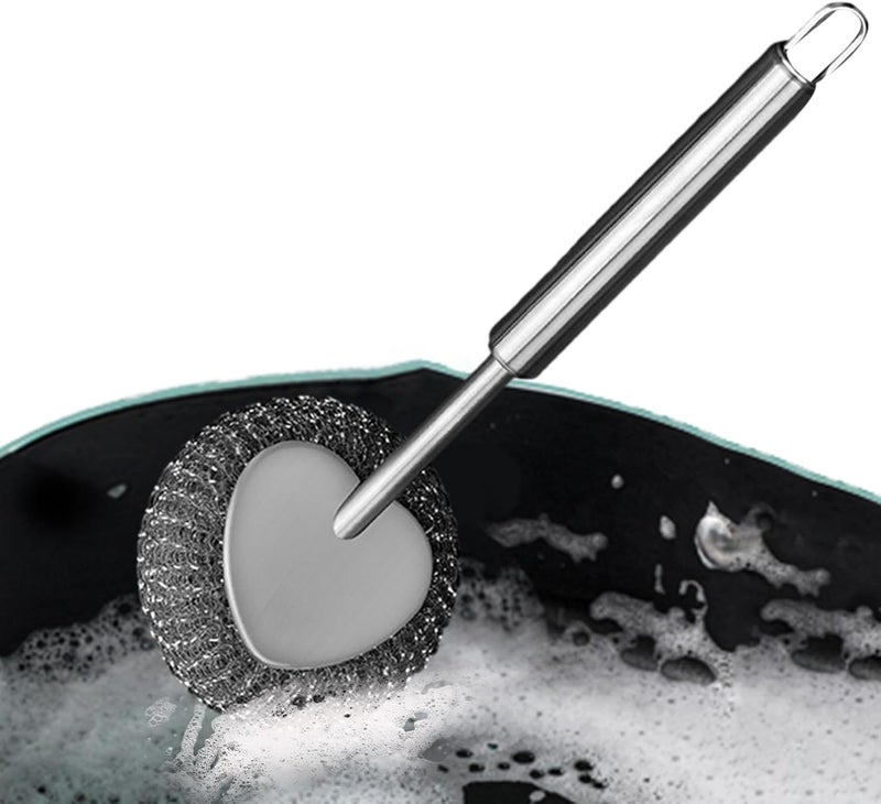 windforgecraft Stainless Steel Scourer with Handle - Metal Scrubber Cleaning Brush with Long Handle | Reusable Scouring Pad Stainless Steel Brush Sturdy for Sink Tiles Pans Pots Borato - Image 1